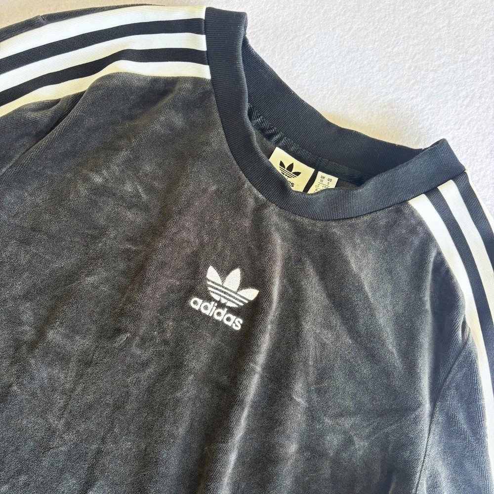 Adidas Originals Women's S Velour Flared Bell Sleeve Sweatshirt Black 3-Stripe